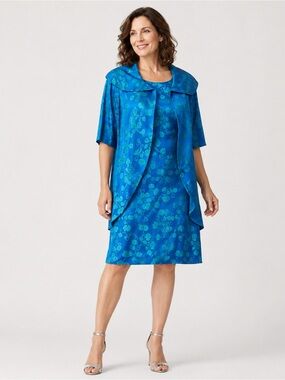 Vintage Handmade Blue Teal Floral 2-Piece Dress & Jacket jacquard Suit M/L ?!